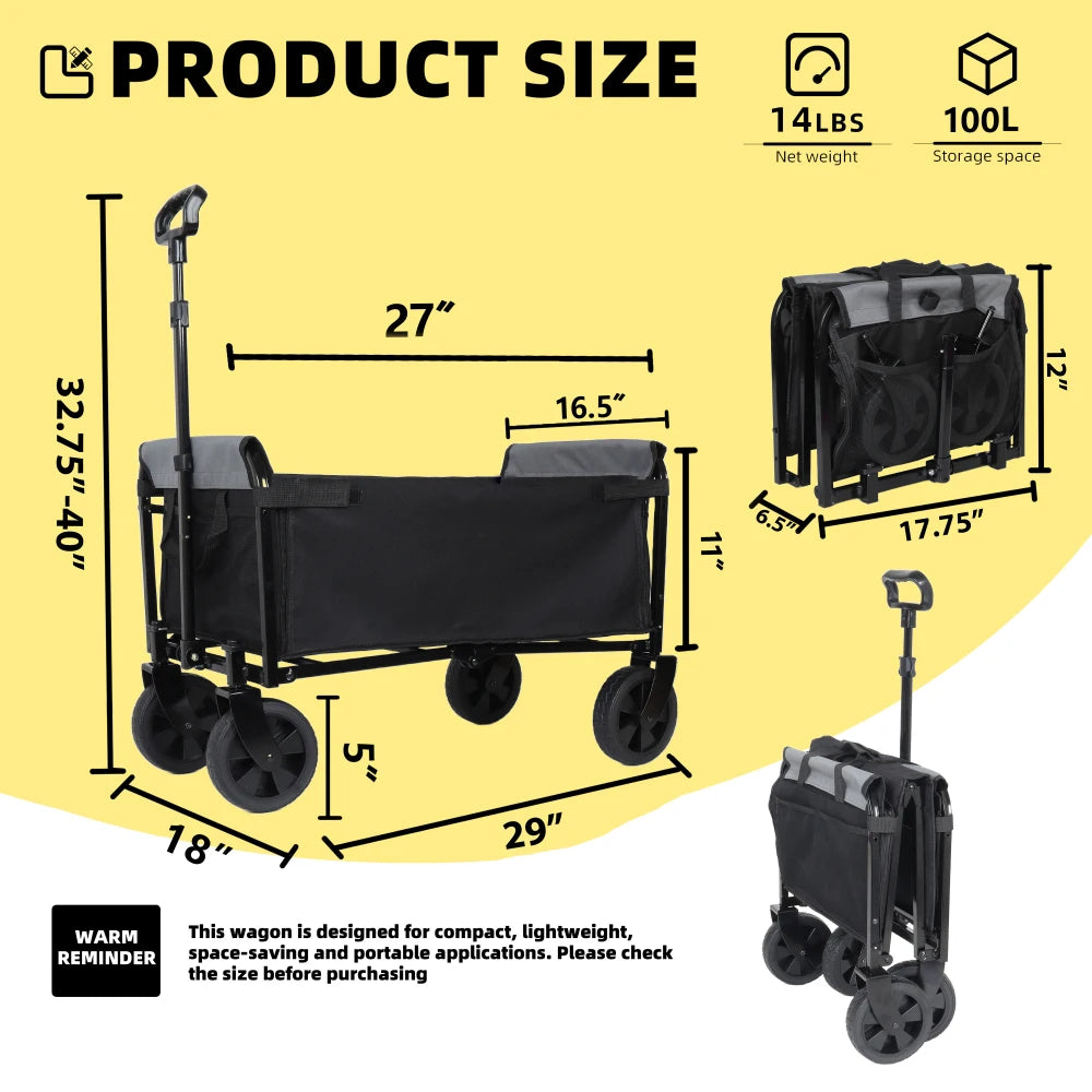 Large Collapsible Wagon with Wheels - 3 in 1 Lightweight Utility Camping Wagons Carts Foldable with 220lbs Weight Capacity, Cup Holders, for Pet Riding, Groceries, Camping, Shopping