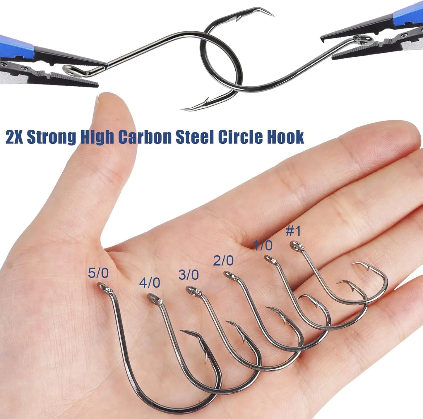 2X Strong Offset Circle Hooks for Saltwater and Freshwater Fishing, Black High Carbon Steel