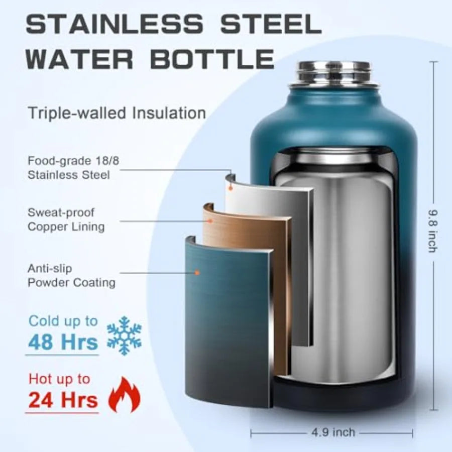 Insulated Water Bottle Half Gallon Water Jug Cold 48H BPA Free Stainless Steel Bottles with Straw/Chug 2-in-1 Lid Bag Paracord