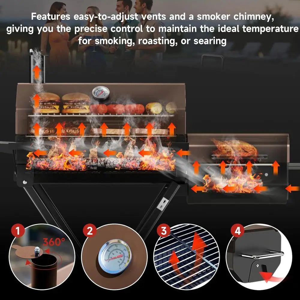 Portable Charcoal Grill Foldable with Wheels, Multi-Tier Storage Rack & Waterproof Cover