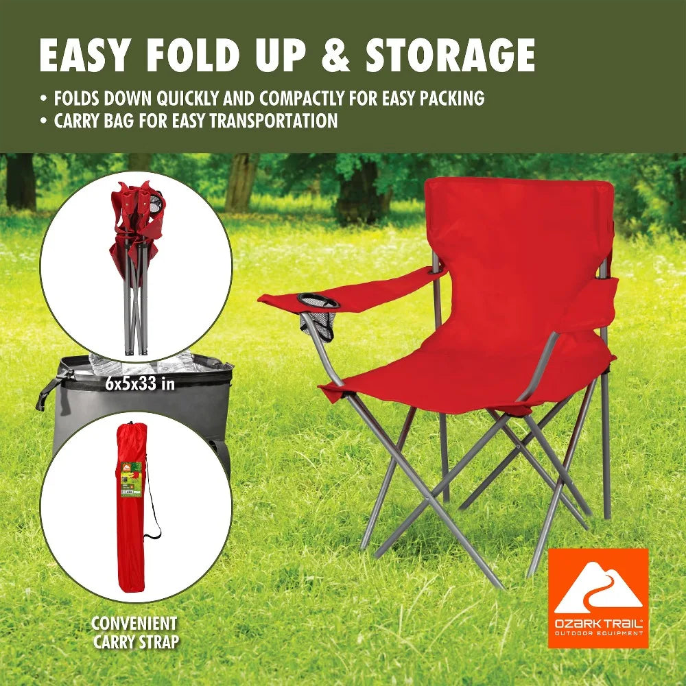 Portable Quad Folding Camping Chair with Mesh Cup Holder (Bright Red)
