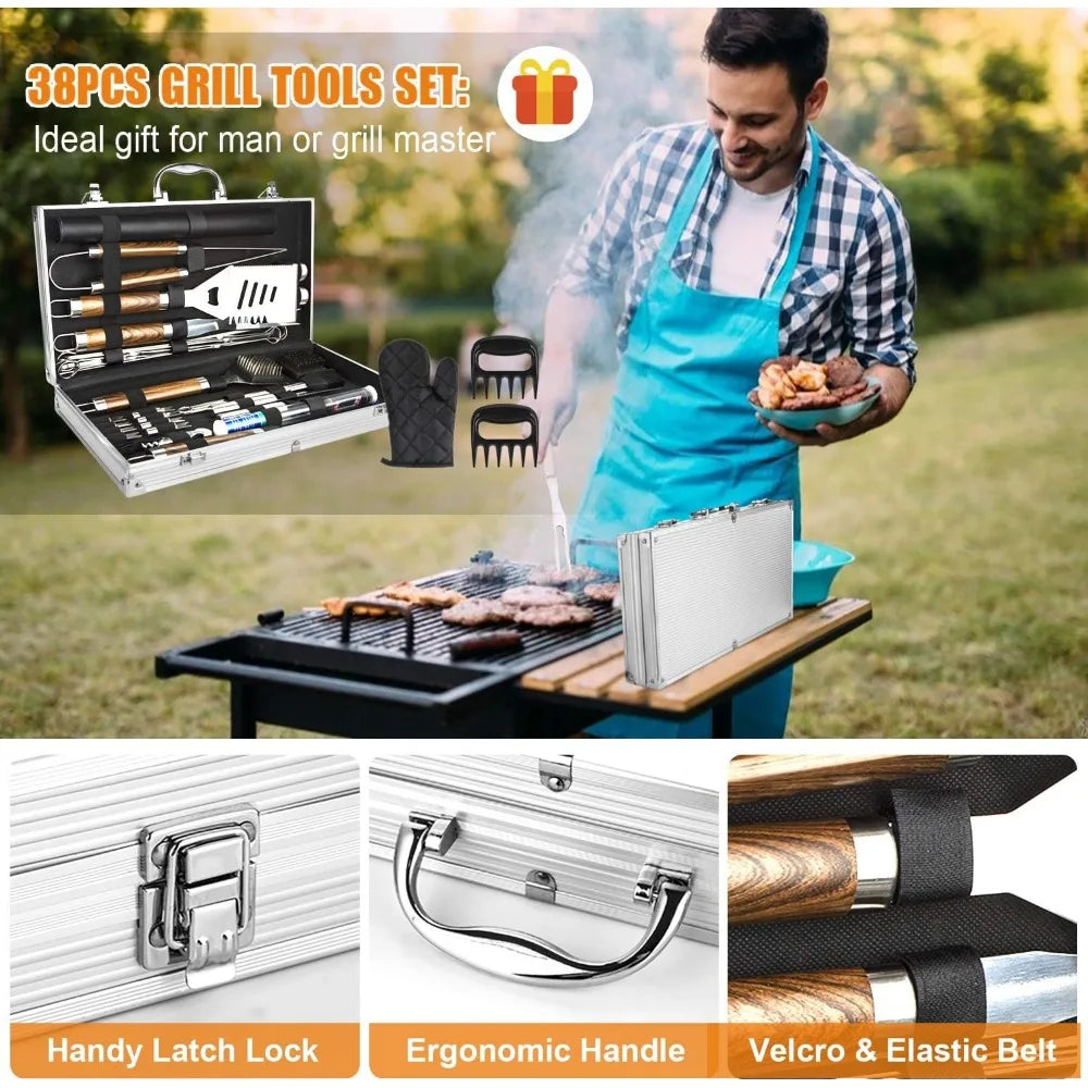 38-Piece Stainless Steel BBQ Tool Set with Thermometer, Grill Mats & Aluminum Case