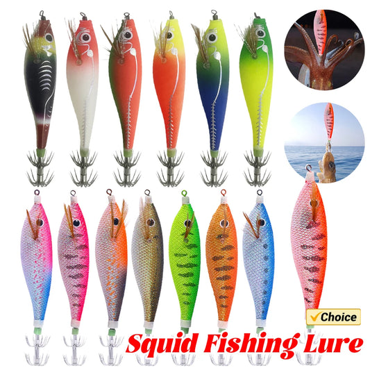 Glowing Horizontal Squid Trolling Lure Artificial Squid Jigging Eging Wood Shrimp Hooks Octopus Hook Cuttlefish Bait for Fishing