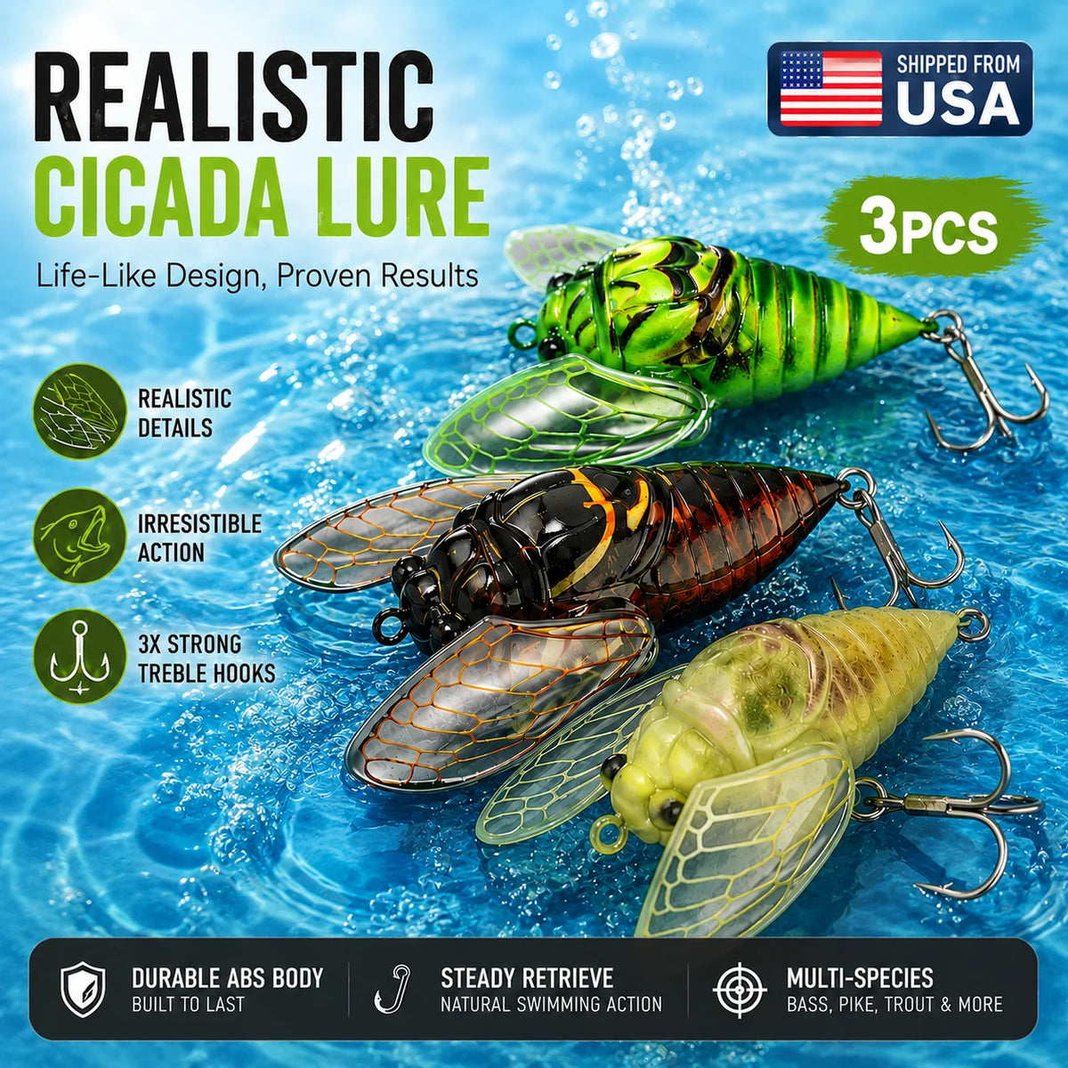 Kingdom 3-Pack Mini Cicada Topwater Lures (1.1" / 0.08 oz) for Bass & Trout