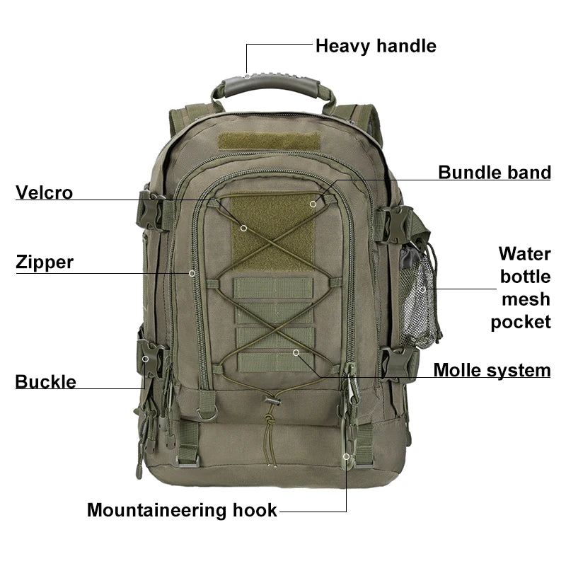 LQARMY 60L Male Travel Hiking Camping backpack Expandable Army Backpacks