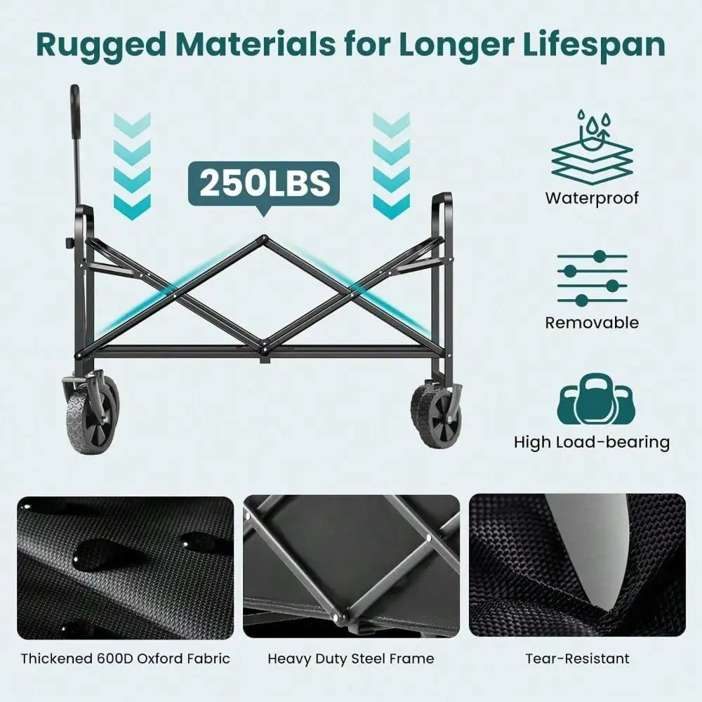 Collapsible Foldable Wagon Cart With All-Terrain Wheels, Heavy Duty Utility Cart For Camping