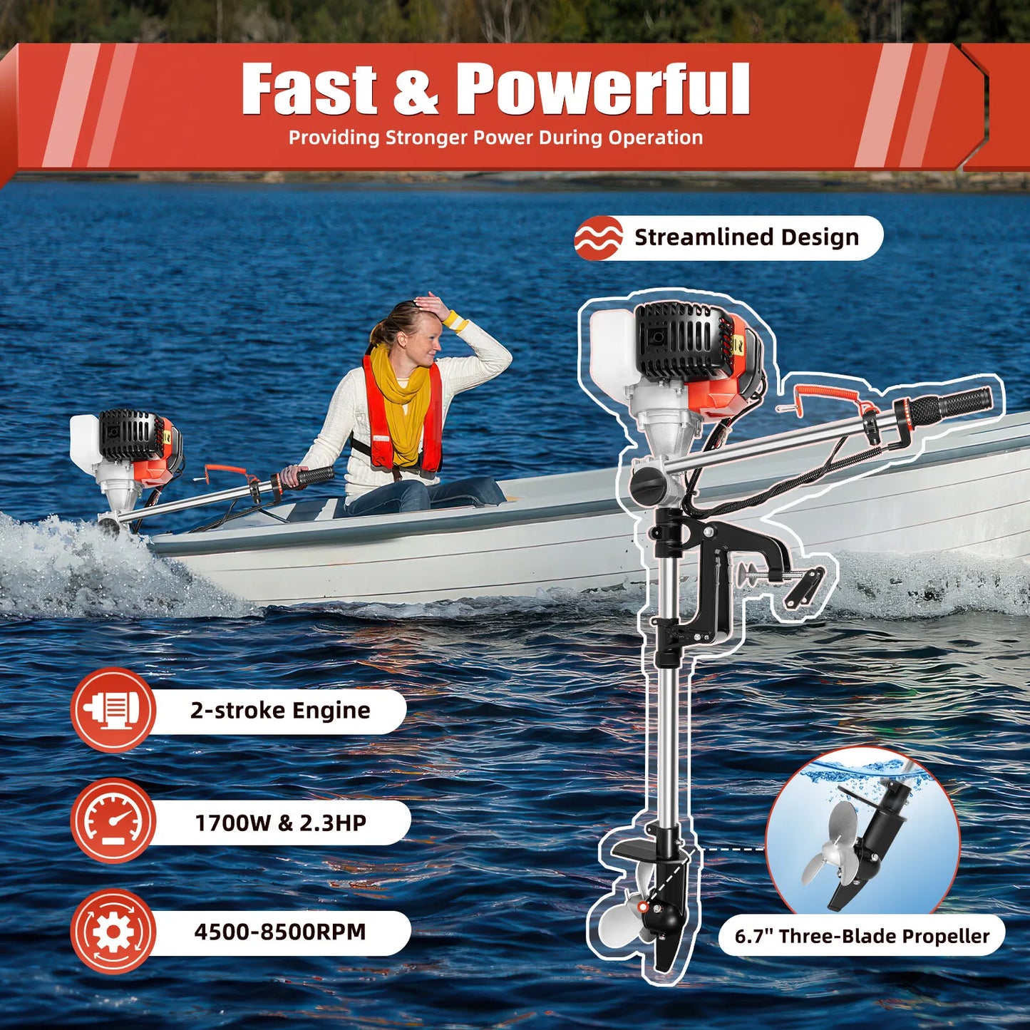 2 Stroke 2.3 HP Outboard Motor Kayak Boat Engine Heavy Duty Air Cooling System For Freshwater And Saltwater Use
