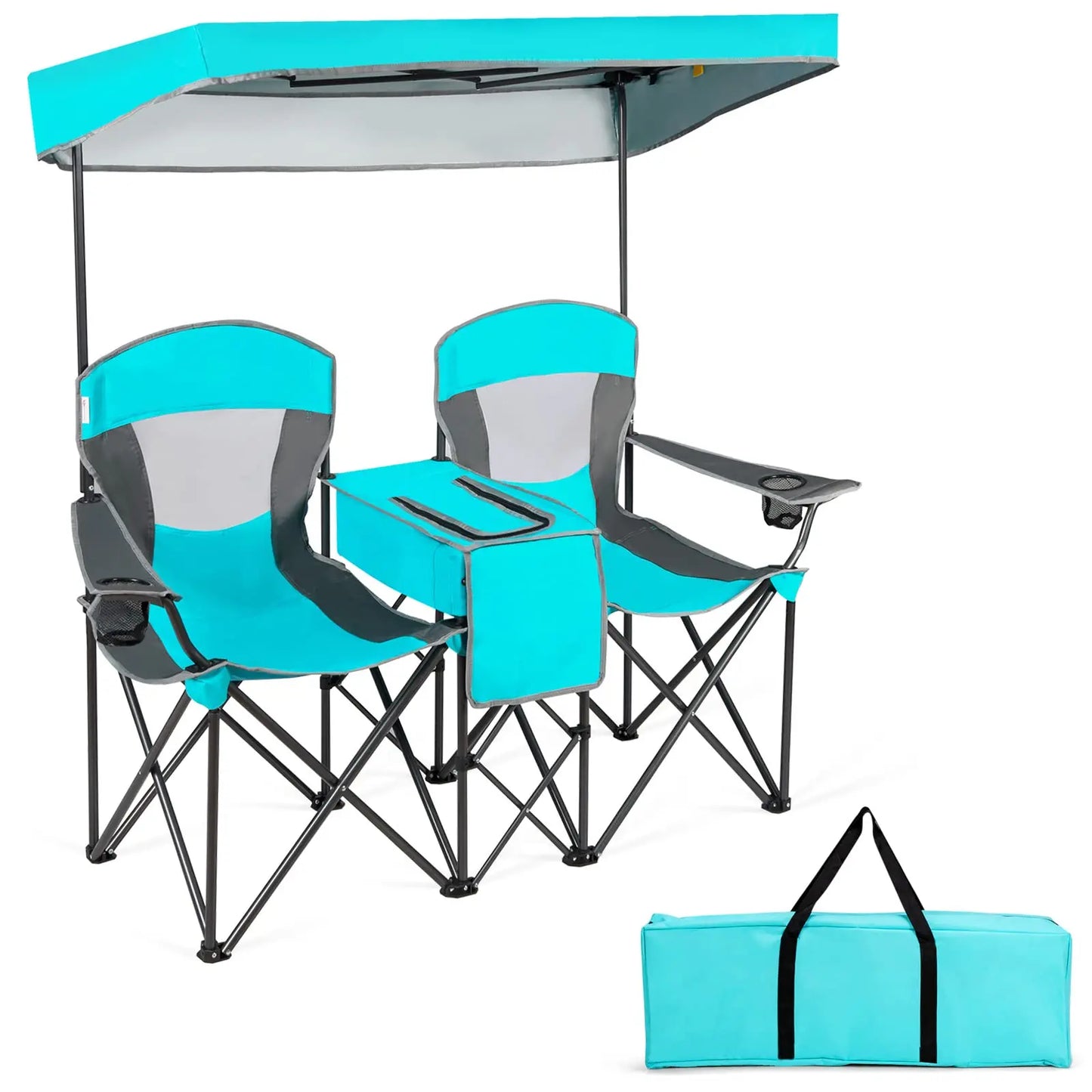 Double Folding Camping Chair With Adjustable Canopy Cooler Table 2 Cup Holders Portable Beach Chair For Outdoor Picnic Fishing