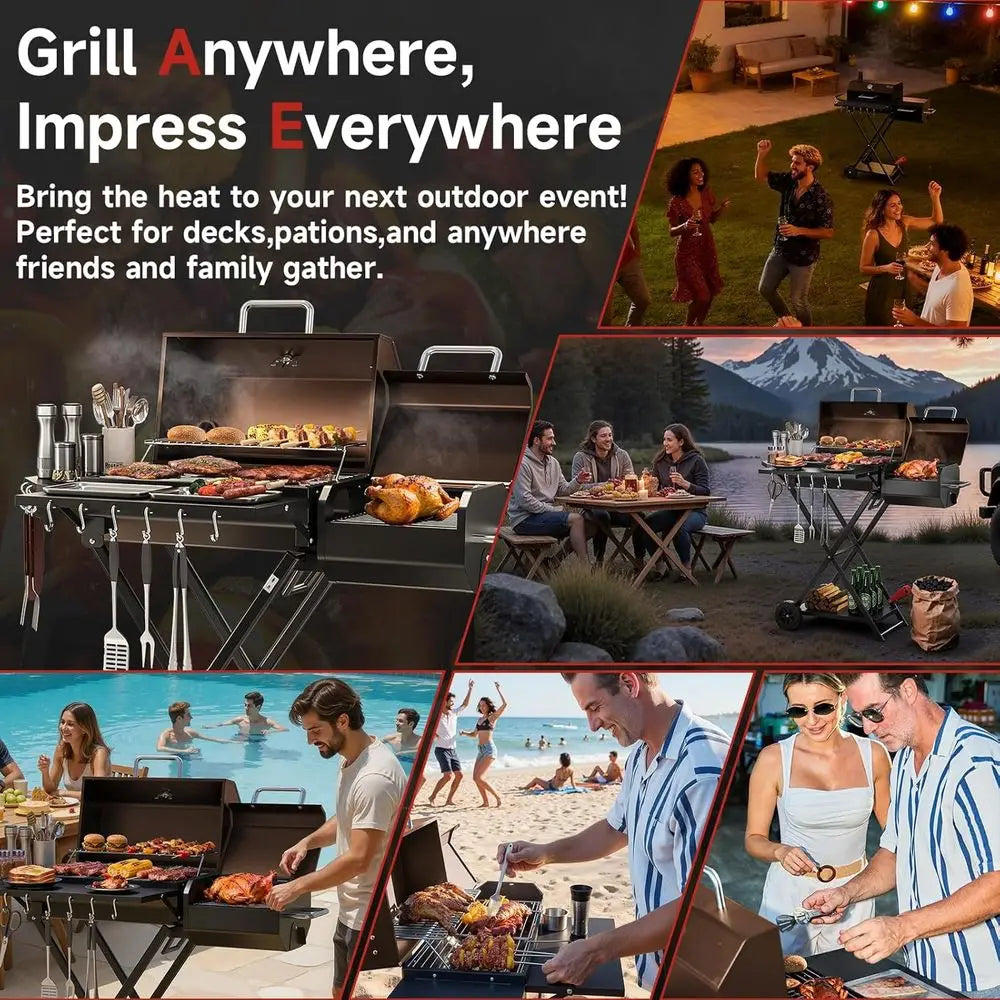 Portable Charcoal Grill Foldable with Wheels, Multi-Tier Storage Rack & Waterproof Cover