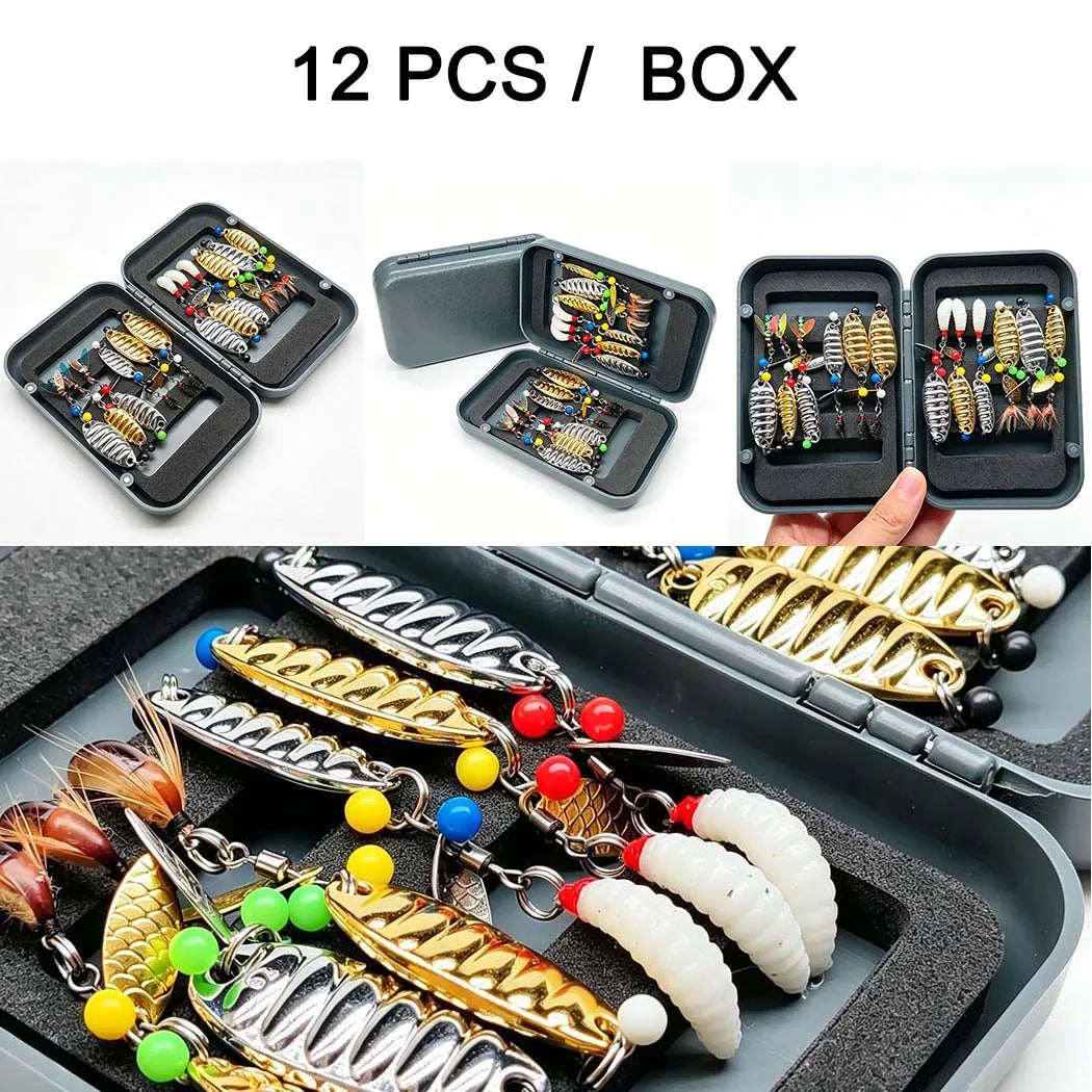 12-Pack Handmade Fly Fishing Flies & Sequins Kit (#6, #10, #16) with Storage Box