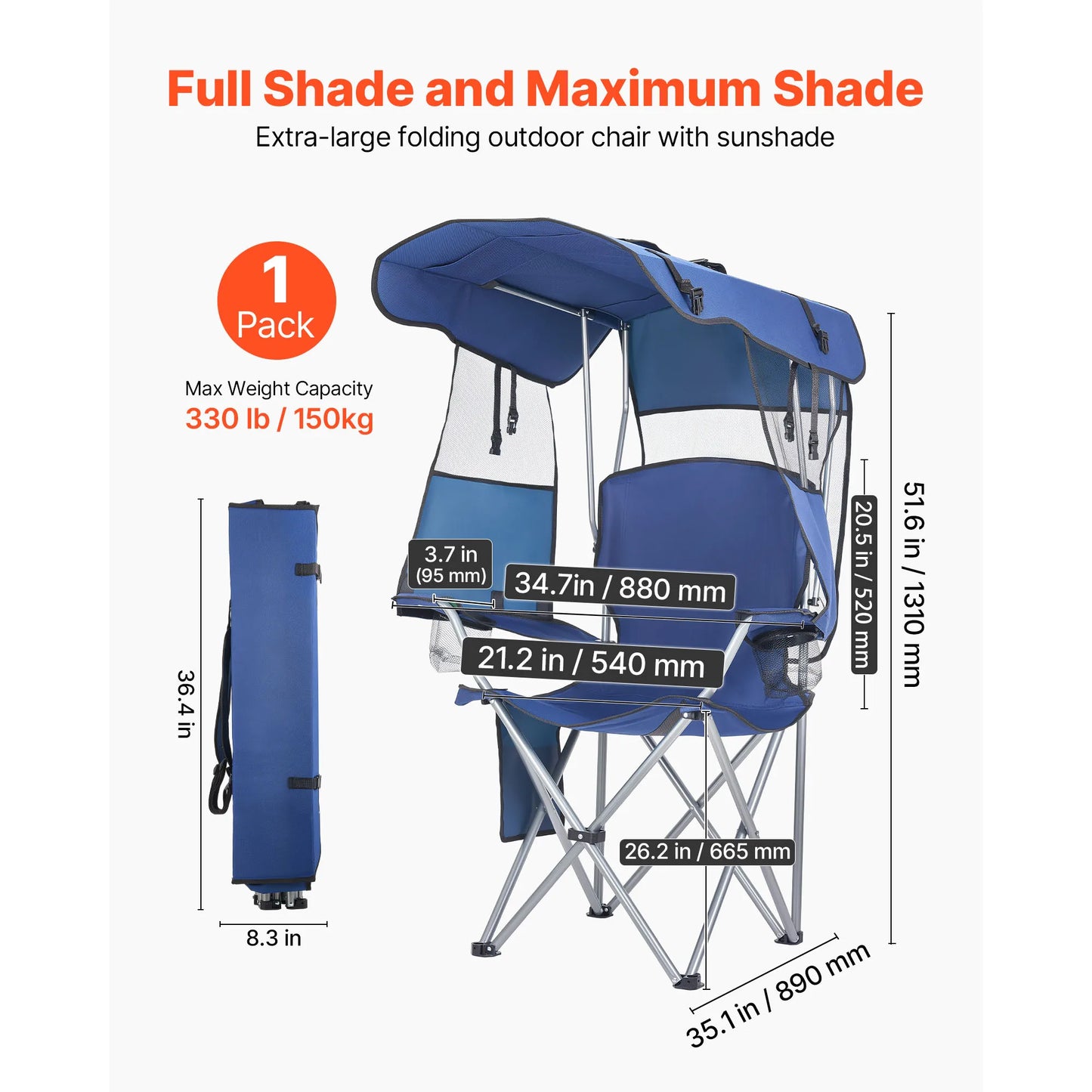 SucceBuy Camping Chair with Canopy Shade Folding Beach Chair with Canopy & Magazine Pocket for Outdoor Camp Fishing Tailgates