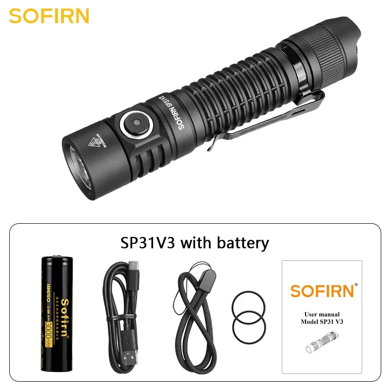 Sofirn SP31 V3.0 Tactica Flashlight with Dual Switch USB C Rechargeable Power Indicator 6000K Torch