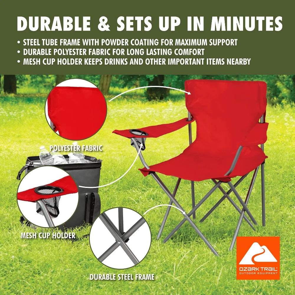 Portable Quad Folding Camping Chair with Mesh Cup Holder (Bright Red)