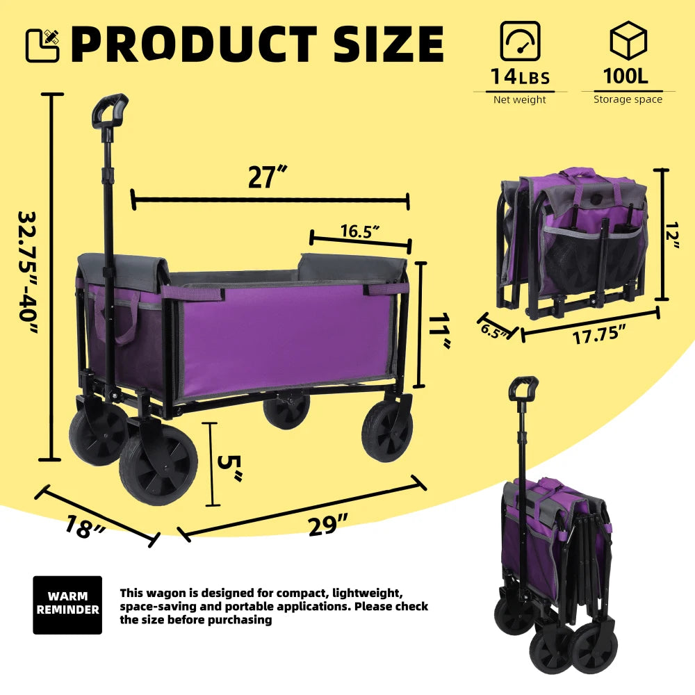 Large Collapsible Wagon with Wheels - 3 in 1 Lightweight Utility Camping Wagons Carts Foldable with 220lbs Weight Capacity, Cup Holders, for Pet Riding, Groceries, Camping, Shopping