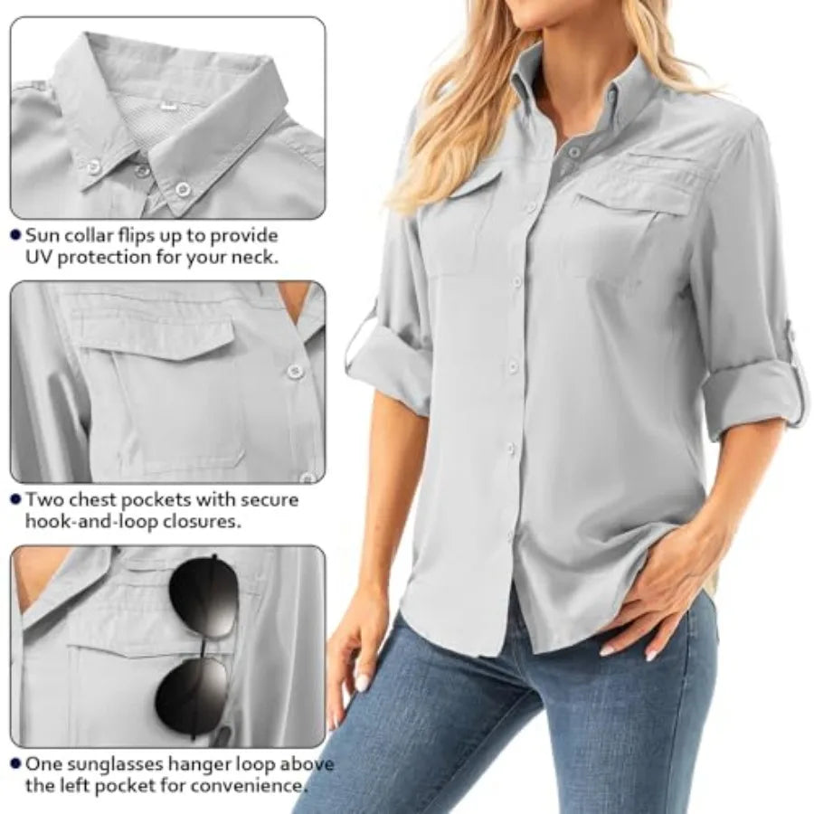 Women's UPF 50+ Long Sleeve UV Shirts Sun Protection Outdoor Cool Quick Dry Fishing Hiking Safari Travel Gardening Shirts