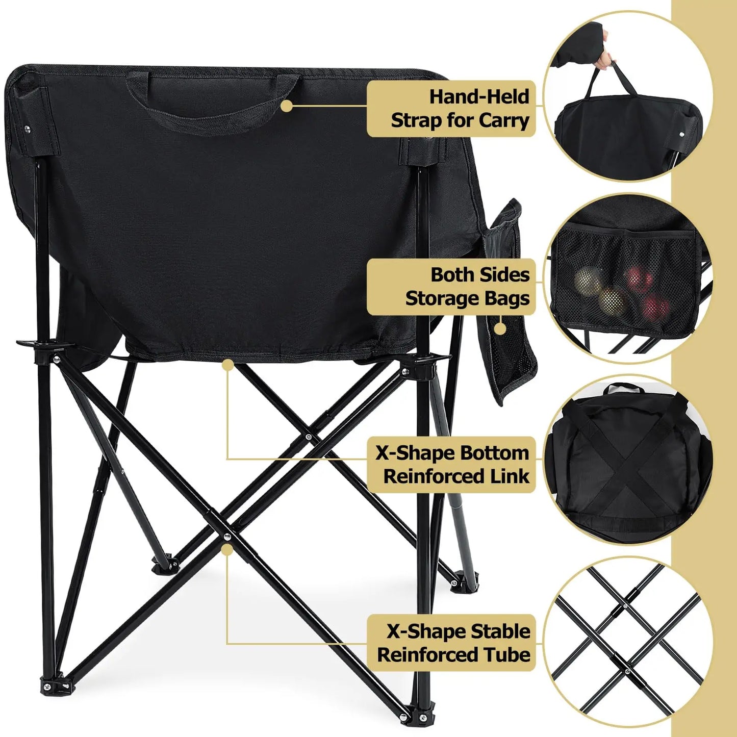 2 Pack Folding Camping Chairs Portable Outdoor Beach Lawn Chairs For Adults With Side Pocket Black