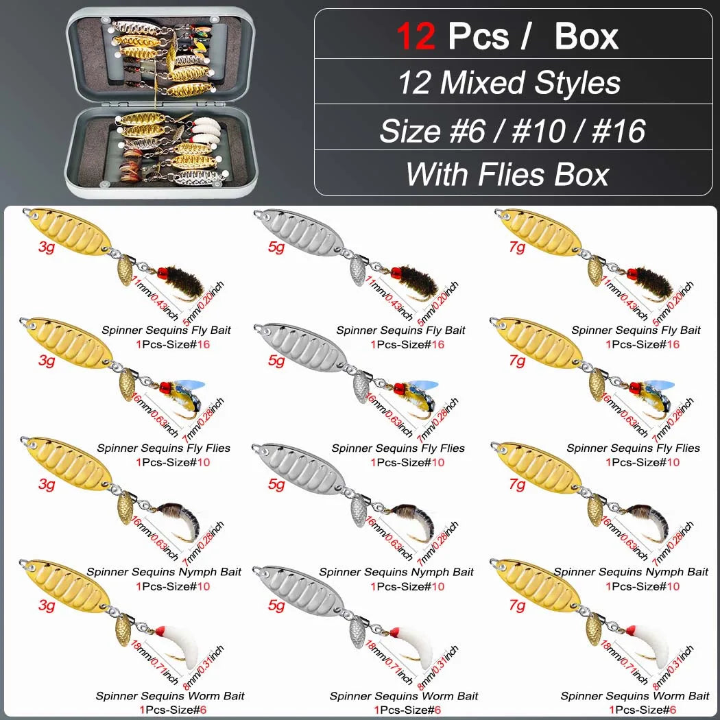 12-Pack Handmade Fly Fishing Flies & Sequins Kit (#6, #10, #16) with Storage Box