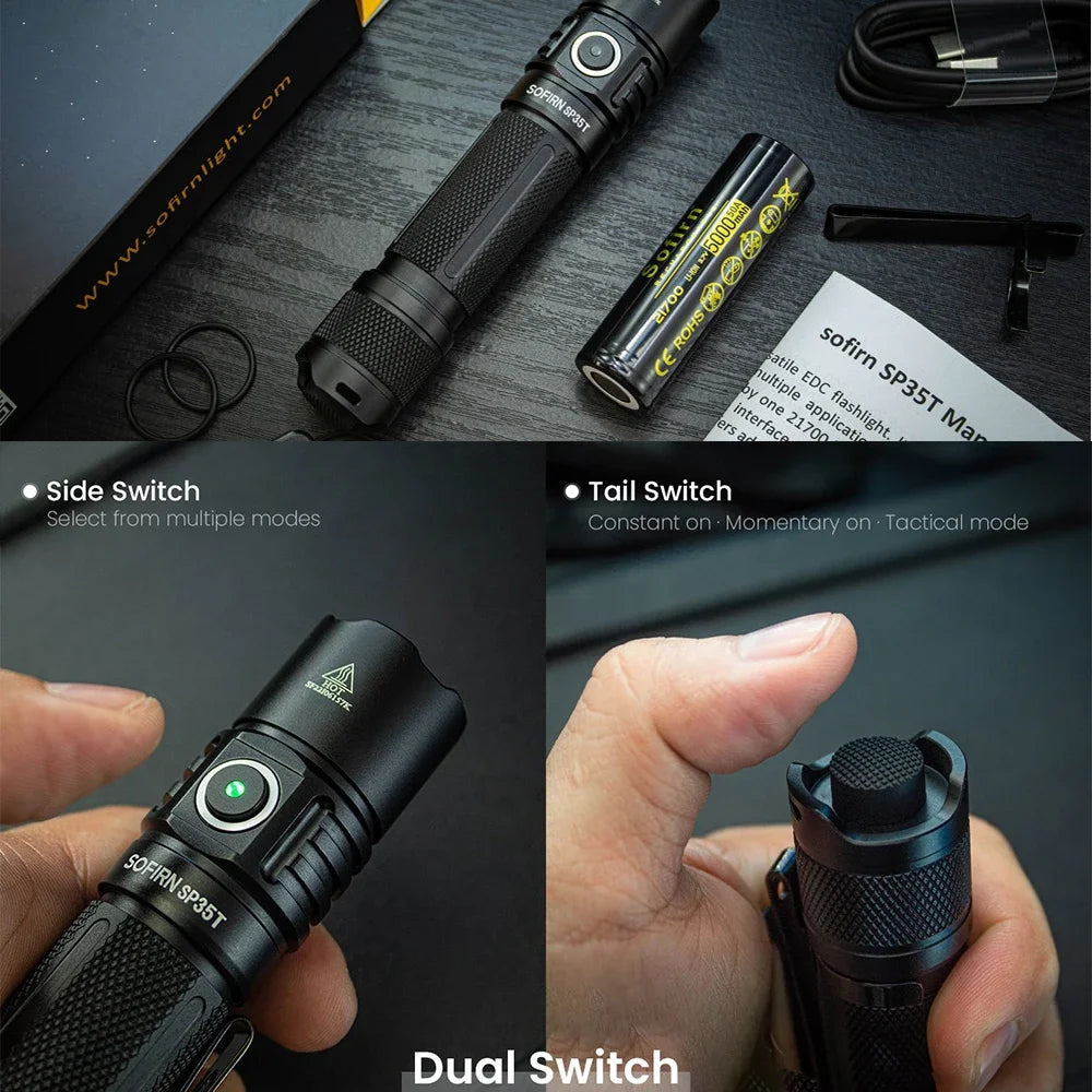 Sofirn SP35T 3800lm Tactical 21700 Flashlight Powerful LED Light USB C Rechargeable Torch with Dual Switch Power Indicator