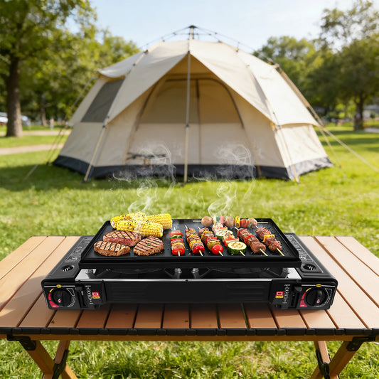 Portable Propane Gas Camping Stove | Dual-Burner BBQ Griddle & Outdoor Cooktop