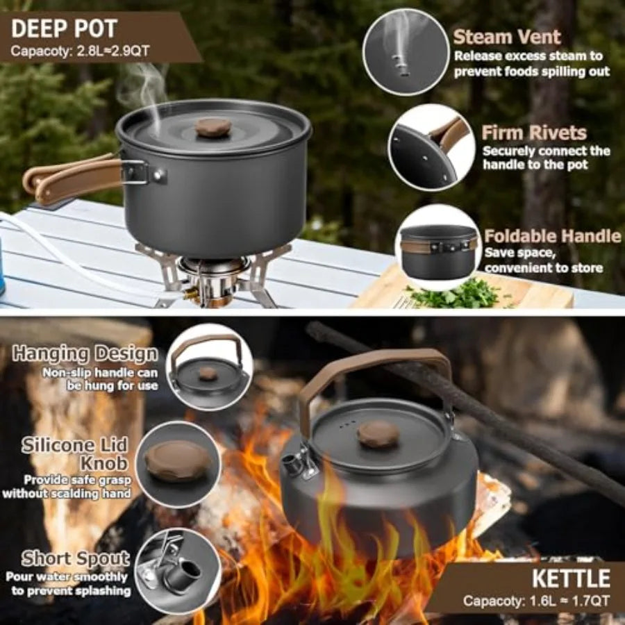 18-Piece Nonstick Camping Cookware Mess Kit with Kettle & Mini Grill