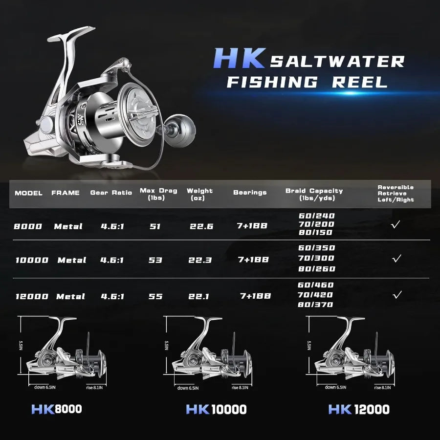 Spinning Reel  Aluminum Frame Fishing Reels Carbon Fiber 55LB Power Drag
