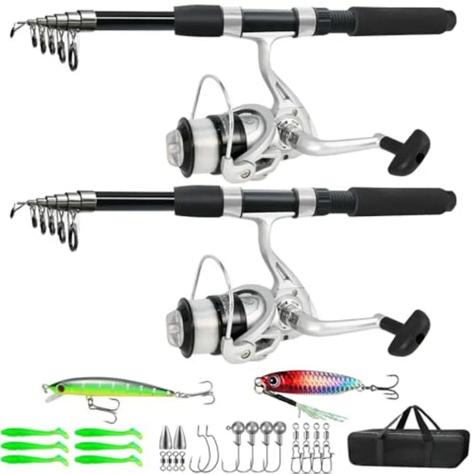 Fishing Pole Combo, 6.9ft 2Pcs Telescopic Rods Set, Collapsible Carbon Fiber Fishing Rods, 2PCS Spinning Reel Set with Carrier