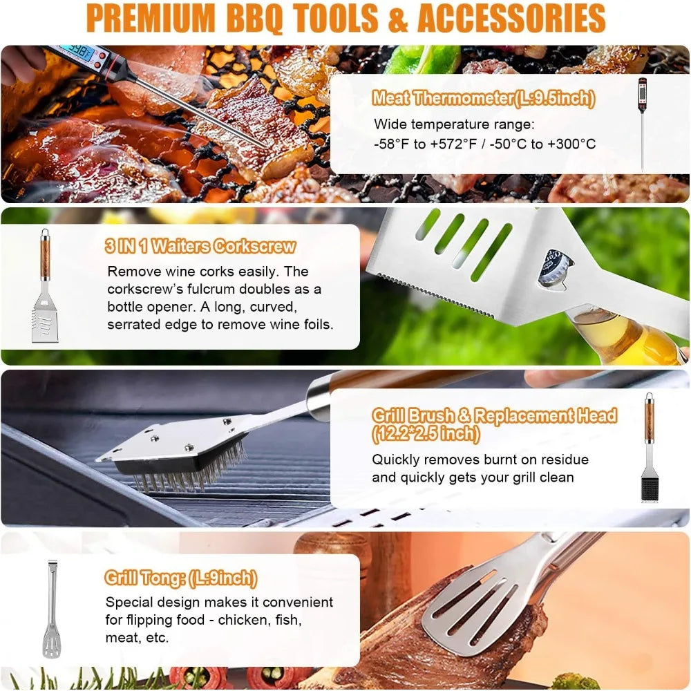38-Piece Stainless Steel BBQ Tool Set with Thermometer, Grill Mats & Aluminum Case