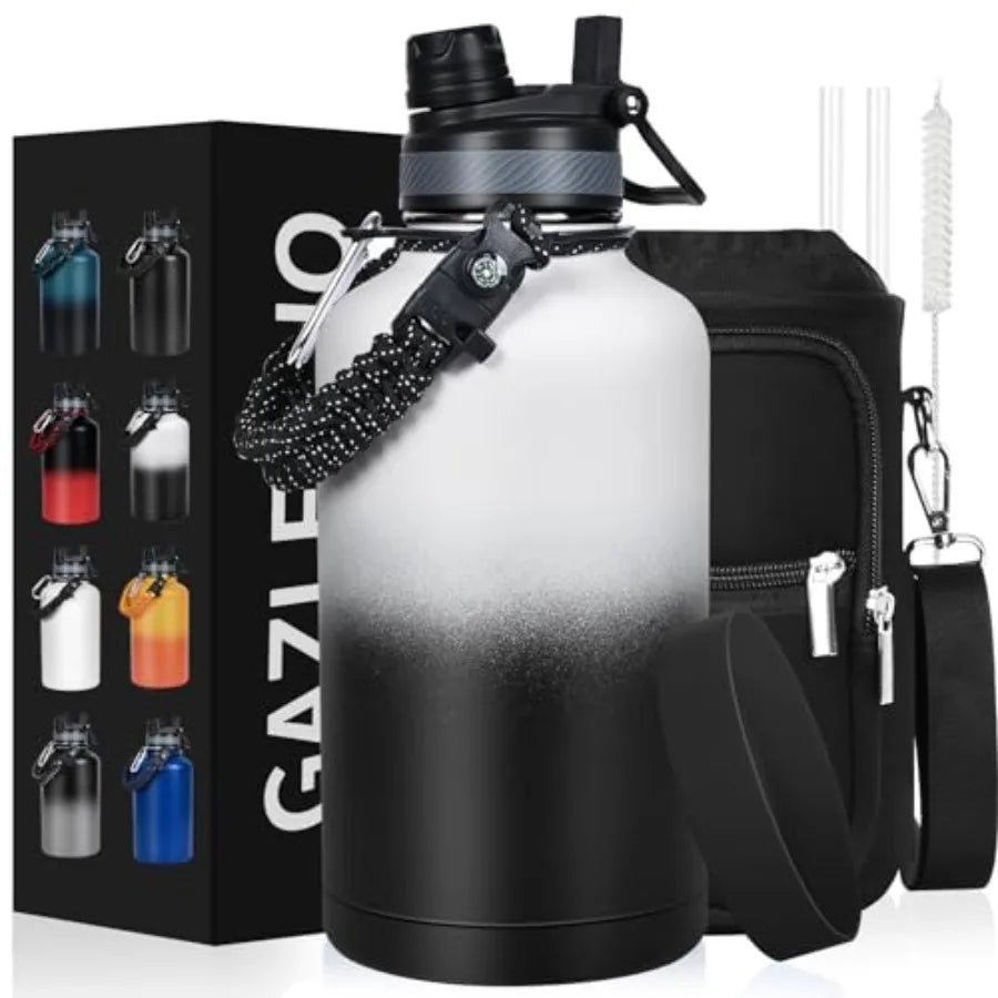 Insulated Water Bottle Half Gallon Water Jug Cold 48H BPA Free Stainless Steel Bottles with Straw/Chug 2-in-1 Lid Bag Paracord