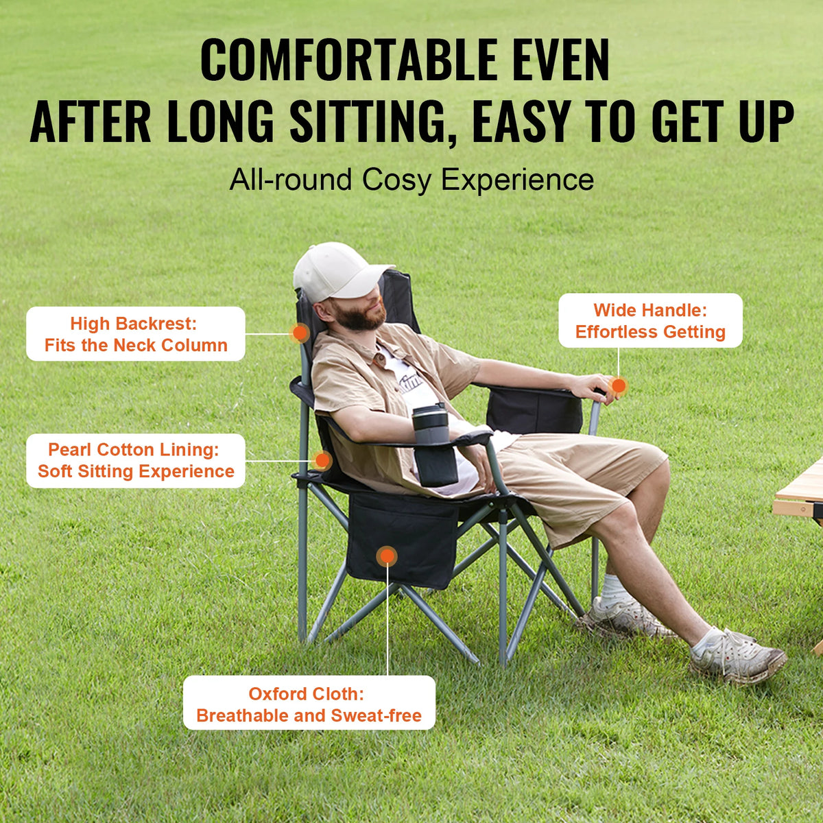 Padded Portable Camping Chair with Lumbar Support & Side Pockets