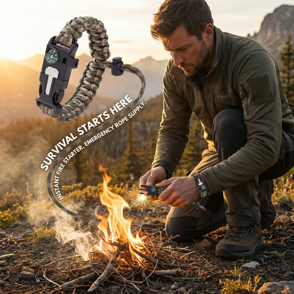 Adjustable Survival Paracord Bracelet with Flint Fire Starter & Compass