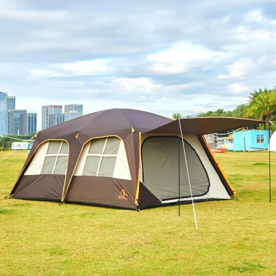 Extra Large 12 Person A Awning Family Cabin Tents 2 Rooms 4 Doors and 4 Windows with Mesh Straight Wall Waterproof