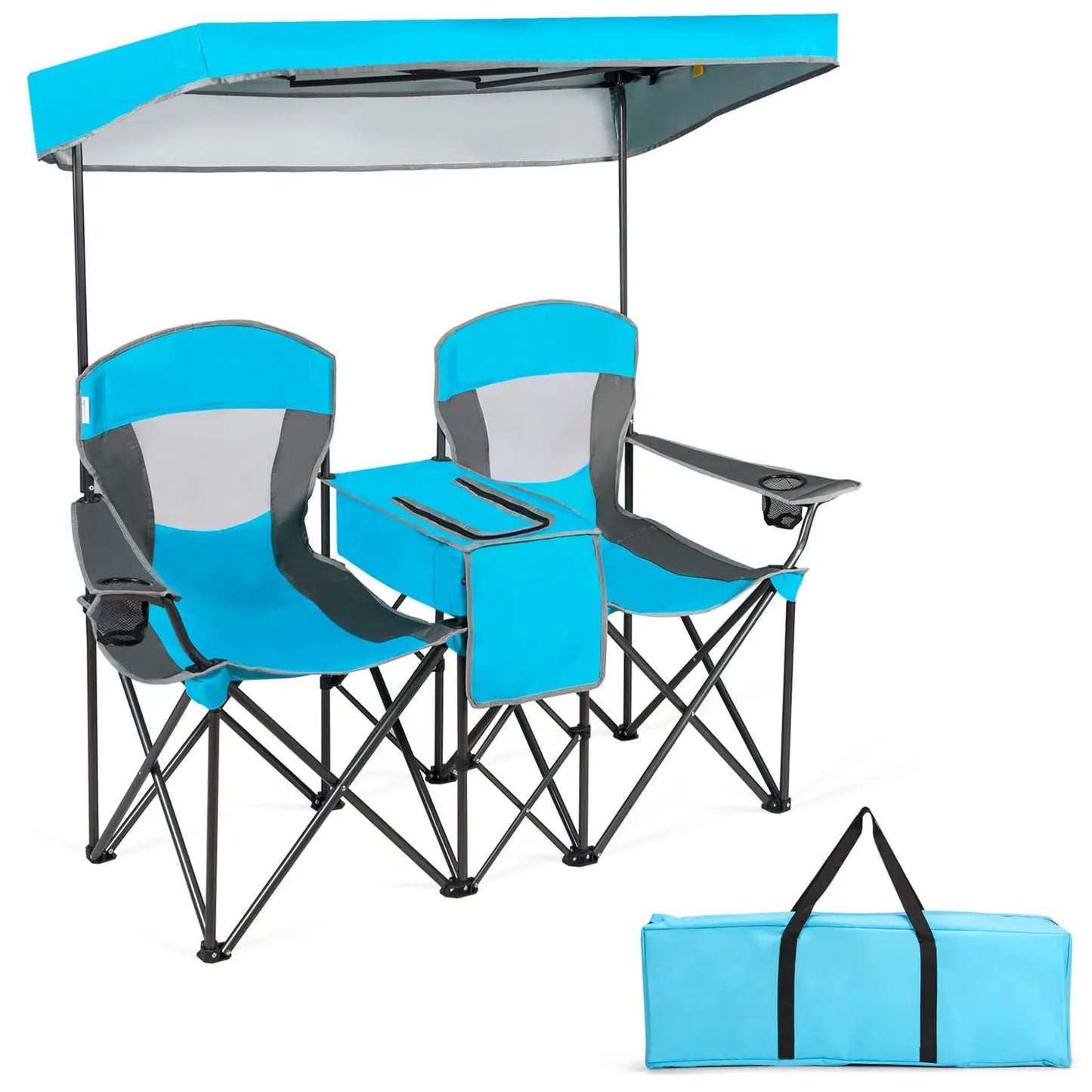 Double Folding Camping Chair With Adjustable Canopy Cooler Table 2 Cup Holders Portable Beach Chair For Outdoor Picnic Fishing